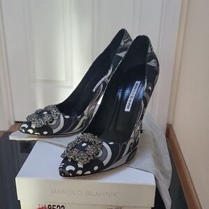Manolo Blahnik Black and White Swirl Crystal-Buckle Pumps At Original Box